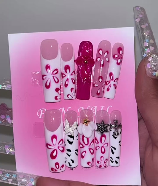 White/Pink French Tip 3D Flower